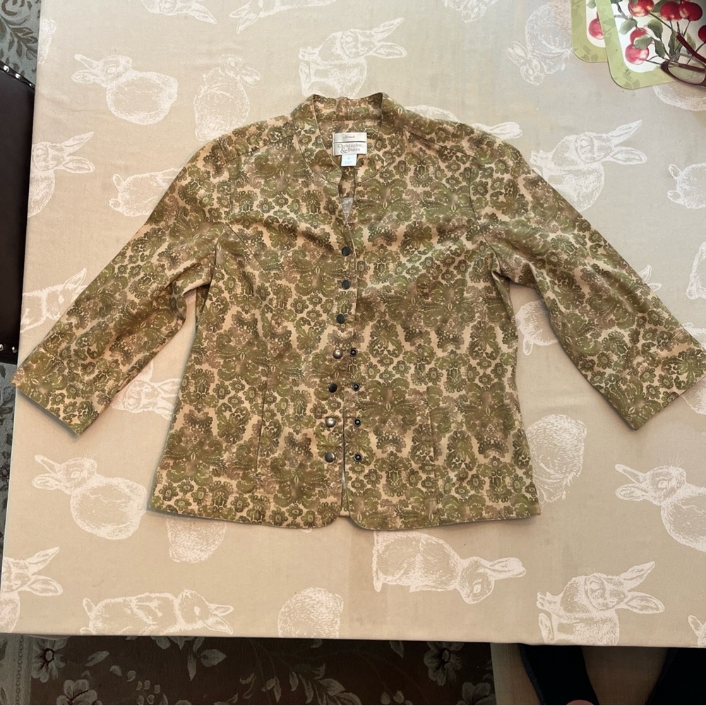 Christopher & Banks Jacket Women’s Size S Green Print 3/4 Sleeve Light Buttons